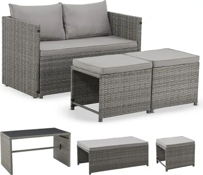 Produktbild von Juskys 2in1 Polyrattan Relax Gartenmöbel Set Jamaika - Tisch, Gartenlounge Sofa - Balkonmöbel Sitzgruppe für Balkon, Garten - Outdoor Lounge grau-meliert
