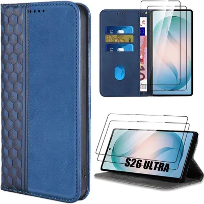 Image de Coque + 2 Verres Trempés pour Samsung Galaxy S26 Ultra - Protection Cuir Synthétique Relief Mosaïque Bleu Marine