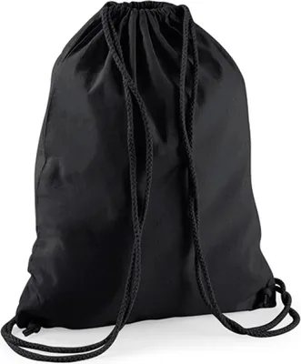 A black drawstring bag is shown against a white background.