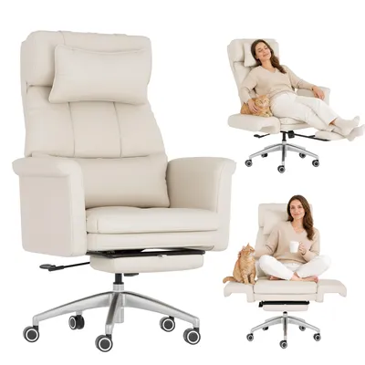 Produktbild von FLEXISPOT Ergonomischer Bürostuhl, 180° klappbare Armlehnen, aus kratzfestem Kunstleder, höhenverstellbare Kopfstütze, 90–130° verstellbar, Beige