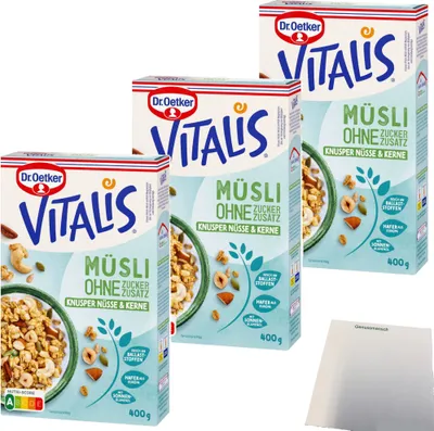 Produktbild von Dr. Oetker Vitalis Müsli Knusper Nüsse und Kerne ohne Zuckerzusatz 3er Pack (3x400g Packung) + usy Block