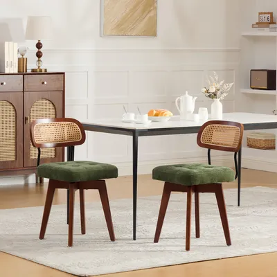 Produktbild von LVHOM 2er-Set Esszimmerstühle 360° Drehstuhl, Polsterstuhl in Rattan-Optik mit Chenille Kissen, stabiler Küchenstuhl mit Metallbeinen, Grün