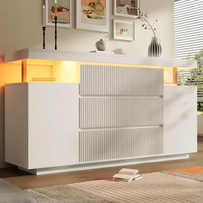 Produktbild von Merax Sideboard mit 6 Schubladen und 2 Türen, Kommode mit LED-Beleuchtung, Wohnzimmerschrank mit Riffelfront Design und Schwebende Optik, Flur, Weiß