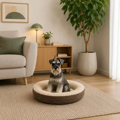 Produktbild von belviona Hundebett rund, Hundekorb in Doughnut-Form, abnehmbarer Bezug, waschbar & rutschfest, 55 cm Durchmesser, braun, KI-generiertes Bild