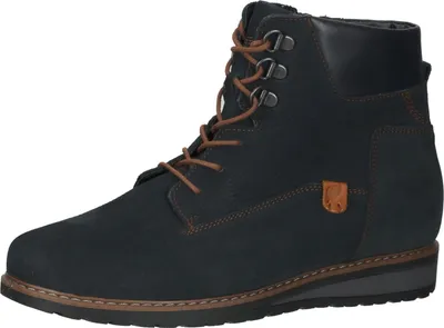 A single black leather boot with brown laces and stitching, shown from the side against a white background.