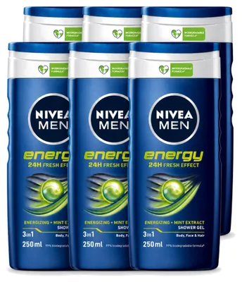 Immagine prodotto di 6 flaconi di gel doccia 2-in-1 NIVEA MEN Energy - 250 ml - confezione - 6 pezzi