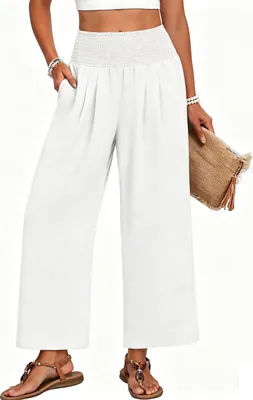 Produktbild von ASKSA Damen Leinenhose Sommerhose Leicht Strandhose Locker Stoffhose Weite Beine Musselin Palazzo Hose mit Taschen (Weiss,M)