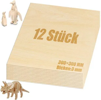 Produktbild von LOLYSIC, 12 Stück Balsa-Multiplexplatten, 300 x 300 x 3 mm, Bastelholz, Holzplatten für kreative Projekte, ideal