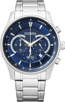 A close-up studio shot of a silver and blue Citizen chronograph watch against a white background.