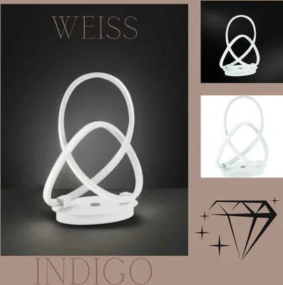 A collage of images featuring a white modern table lamp with a unique intertwined design. The main image shows the lamp on a dark, reflective surface with a soft glow. Smaller inset images show the lamp from different angles, and a diamond graphic with spa