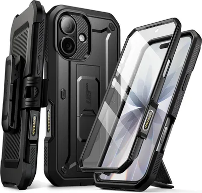 A black phone case with a holster and a kickstand is displayed against a white background.