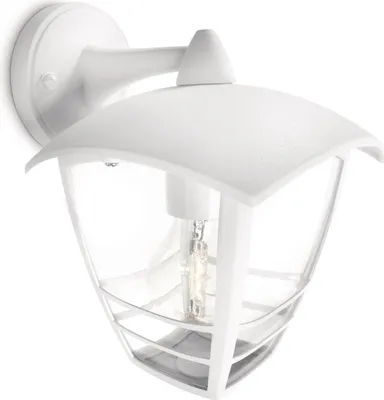 A white outdoor wall light fixture with a clear glass shade.