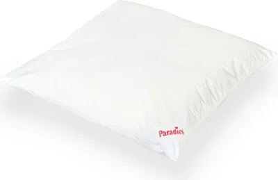 A white pillow with a red logo on the bottom right corner.