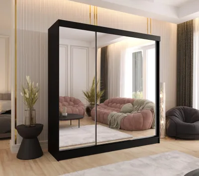 Produktbild von Schwebetürenschrank 3-türig 150x205x58 cm Schwarz mit 3 Spiegeln – Moderner Kleiderschrank für Schlafzimmer und Flur