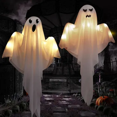 Produktbild von Halloween Deko Geist Mit LED Lichtern 2 Stück 60cm Gruselige Windsack, Hängende Dekoration für Vorgarten Terrasse Rasen Garten Party