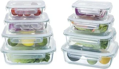 Productafbeelding van Glazen Vershoudbakjes - Meal Prep Bakjes - Voedsel n - Luchtdicht Stapelbaar - 8 Delig - Transparant