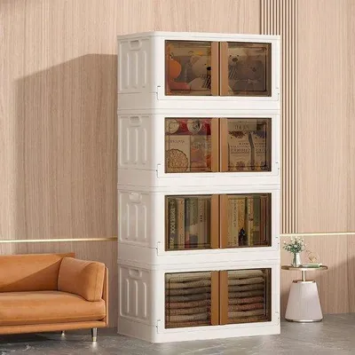 Produktbild von Opvouwbare Kunststoff-Boxen mit Deckel 72 l stapelbare Kleidungskisten - Kunststoffboxen mit Rädern beige.