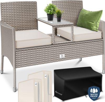 KESSER® Polyrattan Gartenbank 2-Sitzer Bank mit integriertem inkl. Tisch & Kissen - 133 × 55 × 84 cm - Rattan Sitzbank Garten Balkon Gartensofa wetterfest Sitzgruppe Ultra Stabile