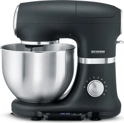 A black Severin stand mixer with a silver bowl is shown against a white background.