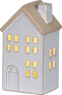 Produktbild von Lumineo Batterie LED Häuschen Weiß eckige Fenster 7,8 x 12,5 cm Prozellan - warmweiß