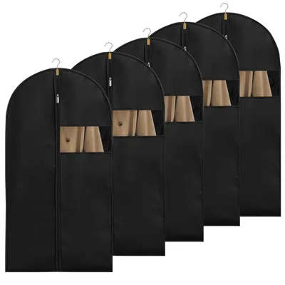 Image de Lot de 5 housses à vêtements, 100 x 60 cm, housses à fermeture éclair, housse noire avec fenêtre transparente, housse de protection pour costumes, robes, manteaux, chemises, robes de soirée, rangement