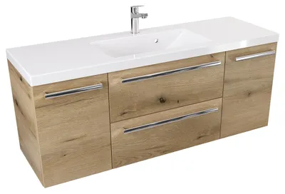 Produktbild von ATHD Wandhängender Waschtischunterschrank mit Waschbecken 120 cm D - Evoke  Matt Eiche - Chromgriffe