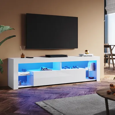 Obrázek produktu pro SONNI TV skříňka bílá vysoký lesk 180 x 35 x 50,5 cm Vybavena světelným pásem RGB a úložnou skříňkou