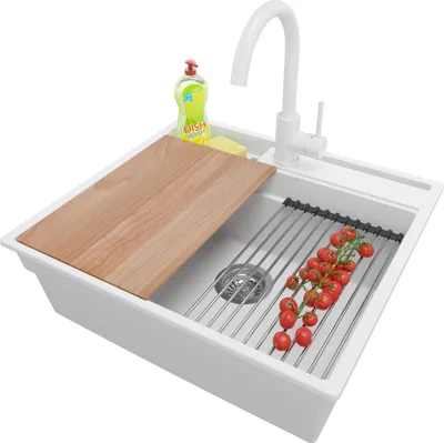 Produktbild von PRIMAGRAN Granitspüle Weiß 58x53cm, Spülbecken 1 Becken + Küchenarmatur 32x20cm + Ablauf-Set + Küchenzubehörset, Küchenspüle ab 60er Unterschrank - Oslo Pocket