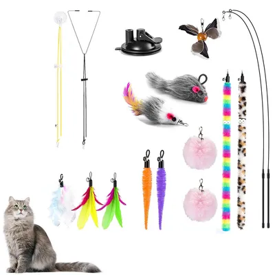 Produktbild von Katzenspielzeuge, 4-in-1 Interaktives Katzenfederspielzeug, 12-teiliger langlebiger Ersatz für Teaser-Katzenspielzeug, Katzenstabspielzeug