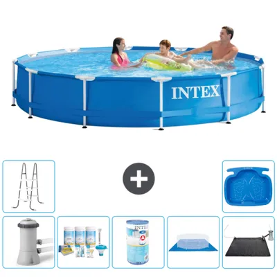 Produktbild von Intex Rundrahmen-Schwimmbecken – 366 x 76 cm – Blau – inklusive Pumpe Wartungspaket - Filter - Bodenplane - Solarmatte - Leiter - Fußbad