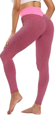 Image de ASKSA Damen Leggings Honeycomb Sporthose Anti Cellulite High Waist Yogahosen Stretch Push Up Workout Yoga Fitness Butt Lift Jogginghose (Rosa,S)
