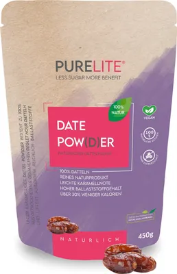 Produktbild von PURELITE Premium Dattelzucker – 100 % Deglet Nour Dattelpulver, vegan, ballaststoffreich, natürliche Zuckeralternative, Backen & Kochen, 450 g
