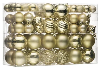 Produktbild von Weihnachtskugeln 100 Stück Gold Christbaumschmuck mit Aufhänger Kunststoff bruchsicher Geschenkpaket
