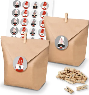 Produktbild von Adventskalender Set 29 Geschenktüten Klammern + Sticker Wichtelbande