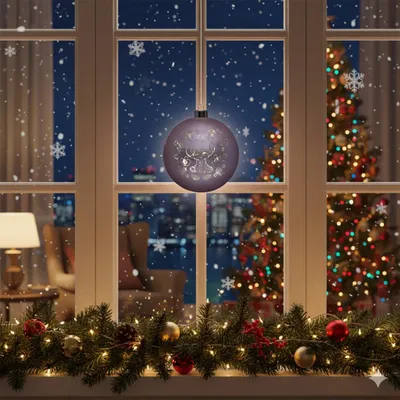 A Christmas ornament hanging in a window with a snowy city view and a decorated Christmas tree outside.