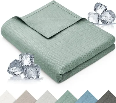 Produktbild von Blumtal Kühldecke 150x200 cm - Bambus Sommerdecke für Sofa & Bett, atmungsaktiv & kühlend – Grün, ideal als Reisedecke- Grün