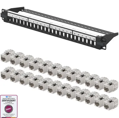 Produktbild von hb-digital Patchpanel 19 zoll 24-Port mit CAT 8.1 RJ45 Keystone Module schwarz 1HE