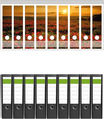 Produktbild von Wallario 9 Stück breite Ordner inkl. Klebeetiketten mit Motive Mohnblumenwiese bei Sonnenuntergang am Abend -  Set mit Rückenschildern / Ordnerrücken Stickern
