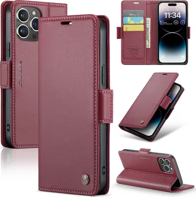 Produktbild von iPhone 14 Pro Hülle, Leder Brieftasche Kartenfach Schutzhülle mit Standfunktion für iPhone 14 Pro Rot