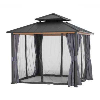 A gazebo with mosquito netting and curtains, presented on a white background.