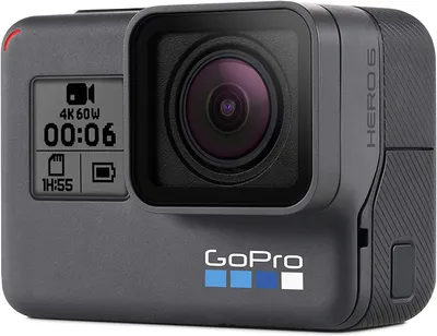 A close-up, angled view of a black GoPro HERO6 action camera.
