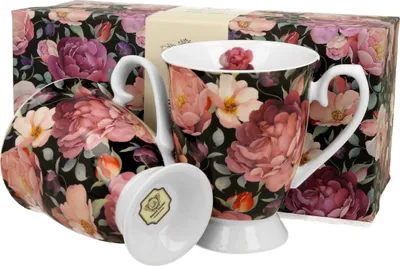 Produktbild von DUO FLORAL 2er-Set königliche Tassen 300 ml SPRING ROSES BLACK New Bone China Porzellan