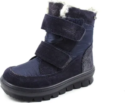 A single blue winter boot with fur trim and velcro straps, isolated on a white background.