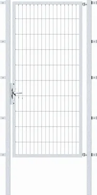 A white metal gate with a wire mesh infill and a handle.