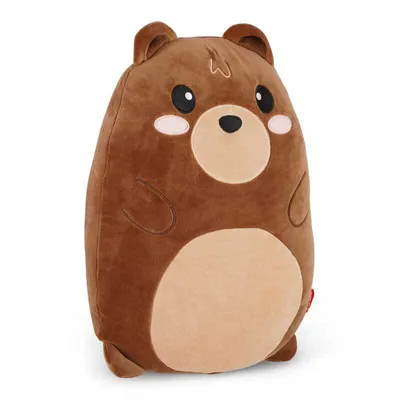 A brown teddy bear plush toy is shown against a white background.