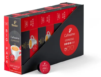Produktbild von Tchibo Cafissimo Espresso elegant Kaffeekapseln, 120 Stück – 4x30 Kapseln (Kaffee, ausdrucksstark mit vollem Aroma), nachhaltig & fair gehandelt