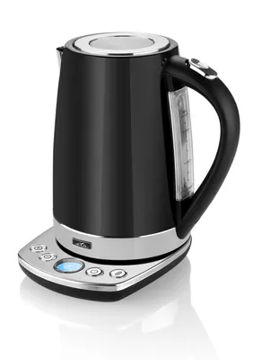 A black electric kettle with a silver base and handle, shown on a white background.