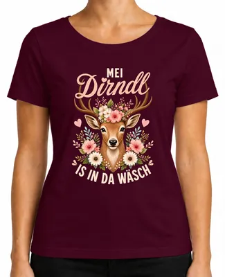 Produktbild von Mei Dirndl is in da Wäsch Reh Kitz Blumen Trachtenshirt Lederhose Damen T-Shirt, Burgundy, L