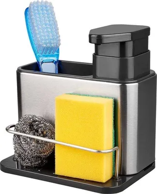 Image de Distributeur de savon en acier inoxydable 3-en-1 avec support pour éponge et brosse pour évier