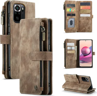 A collage of images showcasing a brown leather wallet-style phone case for a Redmi Note 10 4G / Note 10S.